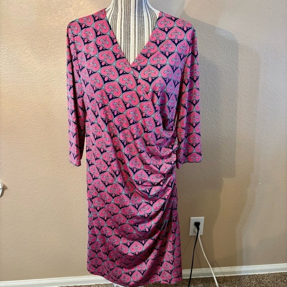 NWT Tracy Negoshian Dress XL Dolly Pink Navy Green Geometric Fleur de Lis Midi - Picture 1 of 15